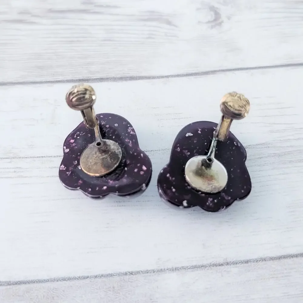 Vintage Clip On Earrings Retro Large Dark Purple Statement - Just Over 1 & 1/8